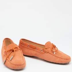Pre Owned Tod's Orange Suede Bow Slip On Loafers Size 38