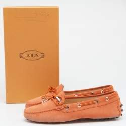 Pre Owned Tod's Orange Suede Bow Slip On Loafers Size 38