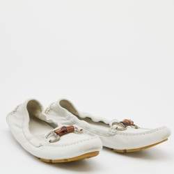 Pre Owned Gucci White Leather Bamboo Driving Loafers Size 38