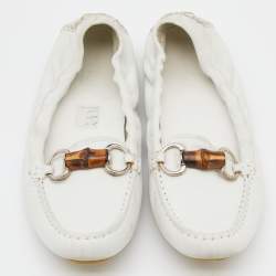 Pre Owned Gucci White Leather Bamboo Driving Loafers Size 38