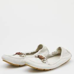 Pre Owned Gucci White Leather Bamboo Driving Loafers Size 38