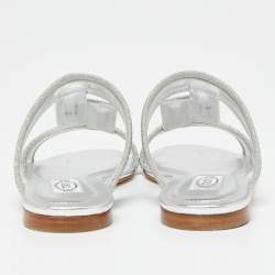 Tod's Silver Glitter Double T Strap Flat Slides Size 36