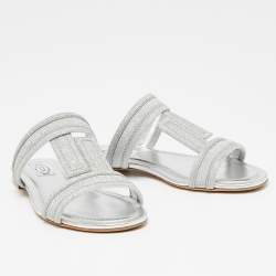 Tod's Silver Glitter Double T Strap Flat Slides Size 36