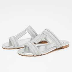 Tod's Silver Glitter Double T Strap Flat Slides Size 36