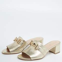 Tod's Gold Foil Leather Double T Slide Sandals Size 37