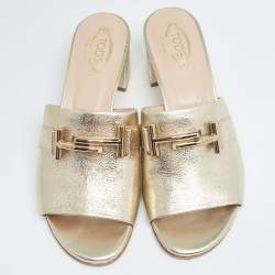 Tod's Gold Foil Leather Double T Slide Sandals Size 37