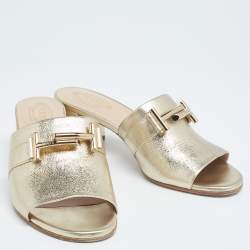 Tod's Gold Foil Leather Double T Slide Sandals Size 37
