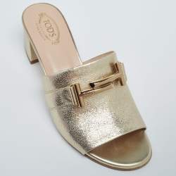 Tod's Gold Foil Leather Double T Slide Sandals Size 37