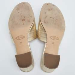 Tod's Gold Foil Leather Double T Slide Sandals Size 37