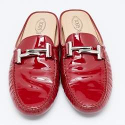 Tod's Red Patent Leather Double T Flat Loafer Mules Size 40