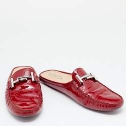 Tod's Red Patent Leather Double T Flat Loafer Mules Size 40