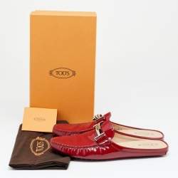 Tod's Red Patent Leather Double T Flat Loafer Mules Size 40
