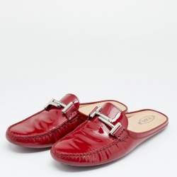 Tod's Red Patent Leather Double T Flat Loafer Mules Size 40