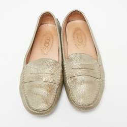 Tod's Metallic Grey Leather Penny Loafers Size 36.5