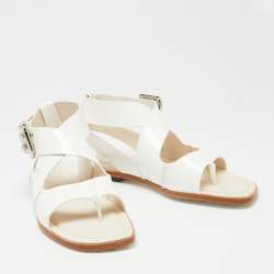 Pre Owned Tod's White Patent Leather Cross Buckle Anklet Strap Flat Sandals Size 36.5 