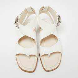 Pre Owned Tod's White Patent Leather Cross Buckle Anklet Strap Flat Sandals Size 36.5 