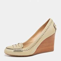 Tod's Grey Patent Leather Wedge Penny Loafer Pumps Size 36.5