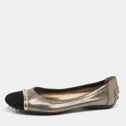 Tod's Silver/Black Nubuck Leather And Suede Cap Toe Ballet Flats Size 38.5