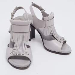 Tod's Grey Leather Fringe Detail Ankle Strap Sandals Size 37