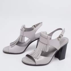 Tod's Grey Leather Fringe Detail Ankle Strap Sandals Size 37