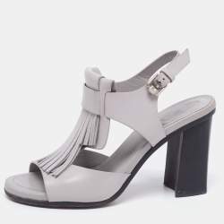 Tod's Grey Leather Fringe Detail Ankle Strap Sandals Size 37