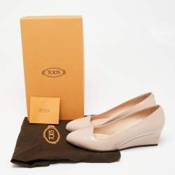 Pre Owned Tod's Poudre Beige Glossy Leather Wedge Pumps Size 36.5