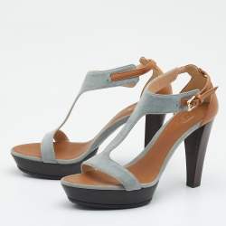 Tod's Grey/Beige Suede And Leather T-Strap Platform Sandals Size 40