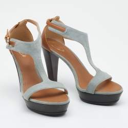 Tod's Grey/Beige Suede And Leather T-Strap Platform Sandals Size 40