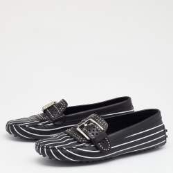 Pre Owned Tod's Black/White Striped Leather Embellished Slip On Loafers Size 38
