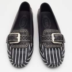 Pre Owned Tod's Black/White Striped Leather Embellished Slip On Loafers Size 38