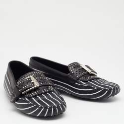 Pre Owned Tod's Black/White Striped Leather Embellished Slip On Loafers Size 38