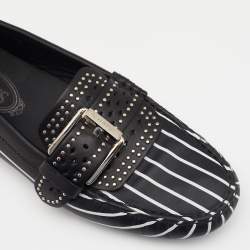 Pre Owned Tod's Black/White Striped Leather Embellished Slip On Loafers Size 38