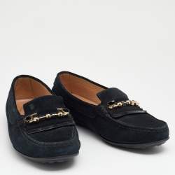 Pre Owned Tod's Black Suede Safety Pin Loafers Size 35