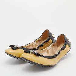 Pre Owned Tod's Beige Patent Leather Embellished Tassel Scrunch Ballet Flats Size 39.5