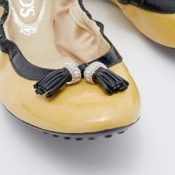 Pre Owned Tod's Beige Patent Leather Embellished Tassel Scrunch Ballet Flats Size 39.5
