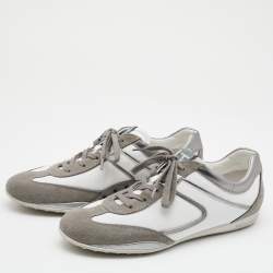 Tod's Grey/White Leather And Suede Lace Up Sneakers Size 40