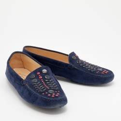 Tod's Navy Blue Suede Studded Slip On Loafers Size 37