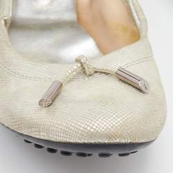 Tod's Silver Textured Nubuck Leather Bow Scrunch Ballet Flats Size 39.5