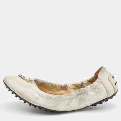 Tod's Silver Textured Nubuck Leather Bow Scrunch Ballet Flats Size 39.5
