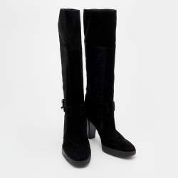مملوكة مسبقًا Tod's Black Suede And Calf Hair Knee Length Boots Size 40