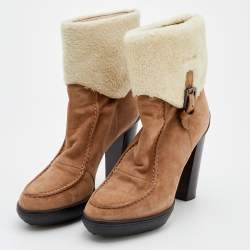 Pre Owned Tod's Beige Suede And Lamb Fur Buckle Platform Ankle Boots Size 38