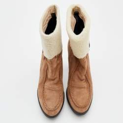 Pre Owned Tod's Beige Suede And Lamb Fur Buckle Platform Ankle Boots Size 38