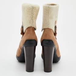 Pre Owned Tod's Beige Suede And Lamb Fur Buckle Platform Ankle Boots Size 38