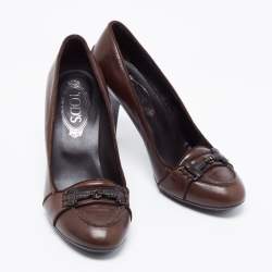 Pre Owned Tod's Dark Brown Leather Double T Loafer Pumps Size 37.5