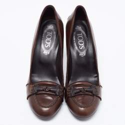 Pre Owned Tod's Dark Brown Leather Double T Loafer Pumps Size 37.5