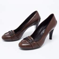 Pre Owned Tod's Dark Brown Leather Double T Loafer Pumps Size 37.5