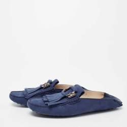 Pre Owned Tod's Blue Nubuck Leather Fringe Flat Mules Size 40