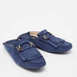 Pre Owned Tod's Blue Nubuck Leather Fringe Flat Mules Size 40