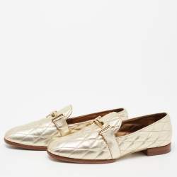 Pre Owned Tod's Metallic Gold Quilted Leather Double T Loafers Size 37