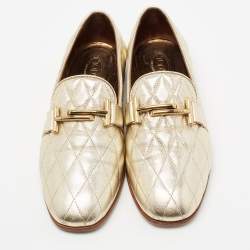 Pre Owned Tod's Metallic Gold Quilted Leather Double T Loafers Size 37